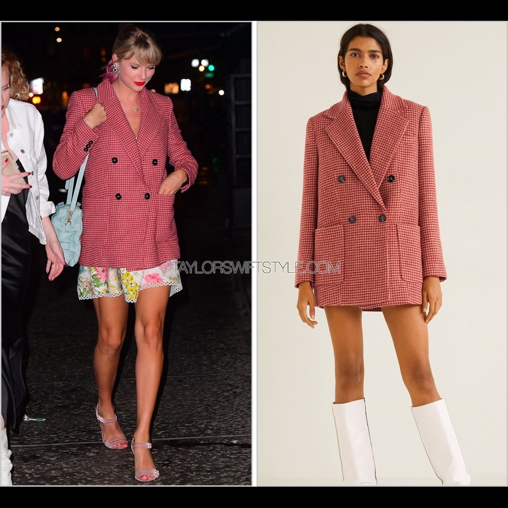 Mango Pink-Red Houndstooth Double-Breasted Blazer